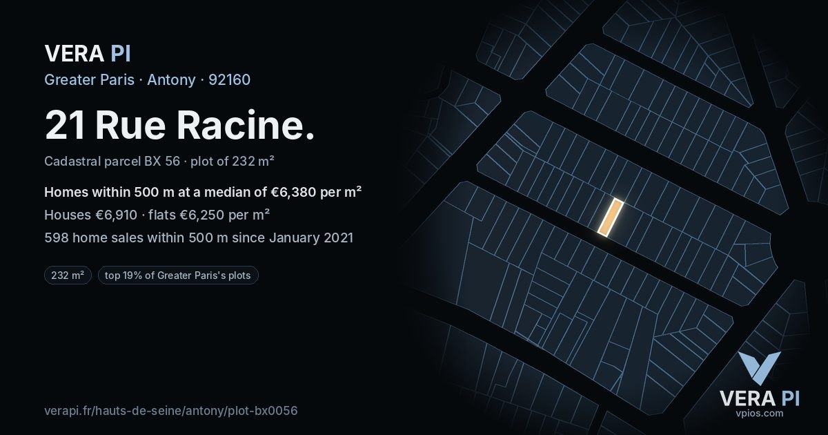 21 Rue Racine, Antony at night – the plot lit, the parcels around coloured by the prices near them