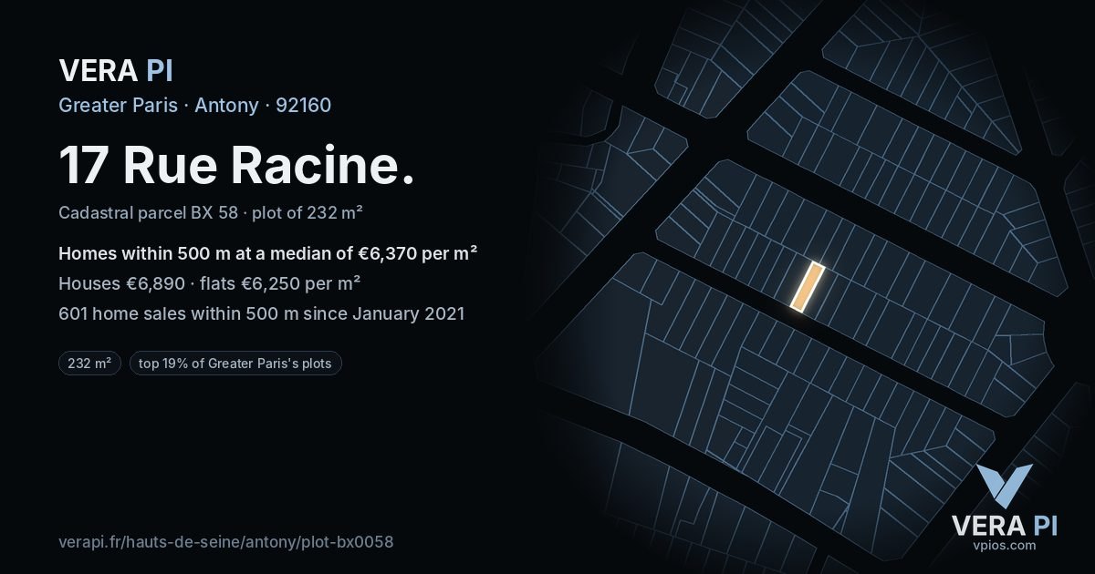 17 Rue Racine, Antony at night – the plot lit, the parcels around coloured by the prices near them