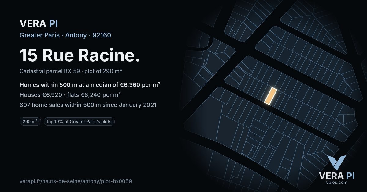 15 Rue Racine, Antony at night – the plot lit, the parcels around coloured by the prices near them