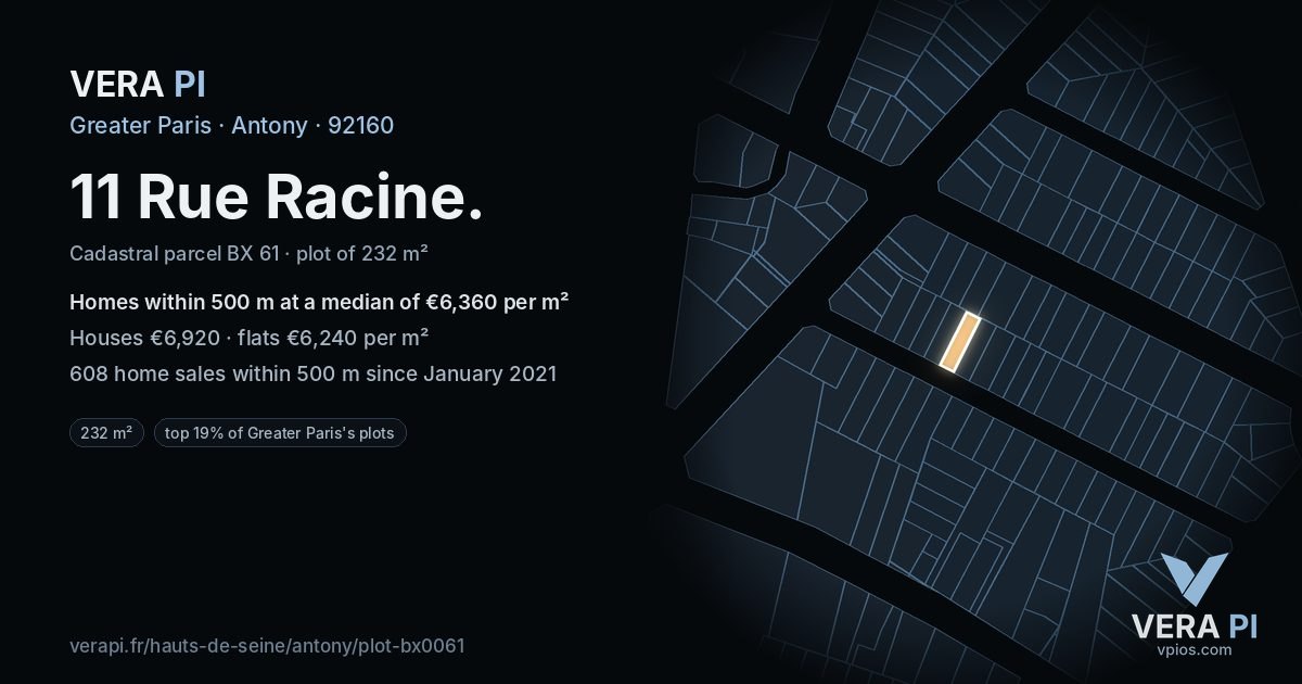 11 Rue Racine, Antony at night – the plot lit, the parcels around coloured by the prices near them