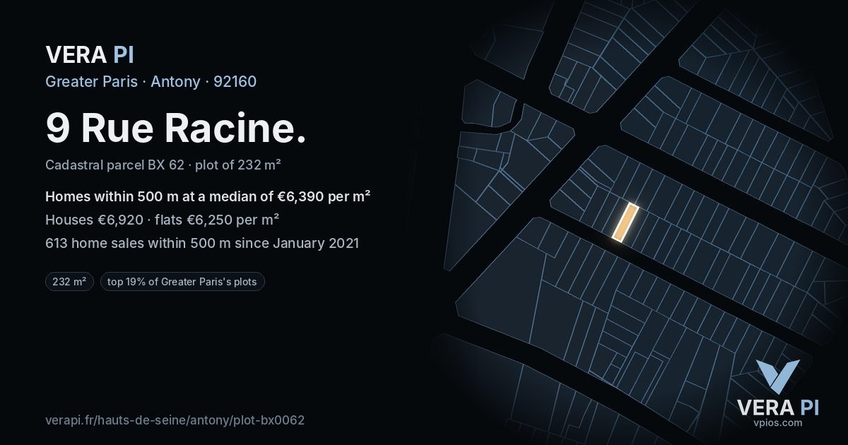 9 Rue Racine, Antony at night – the plot lit, the parcels around coloured by the prices near them