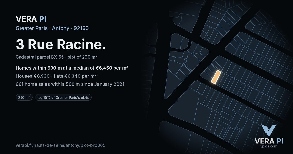 3 Rue Racine, Antony at night – the plot lit, the parcels around coloured by the prices near them