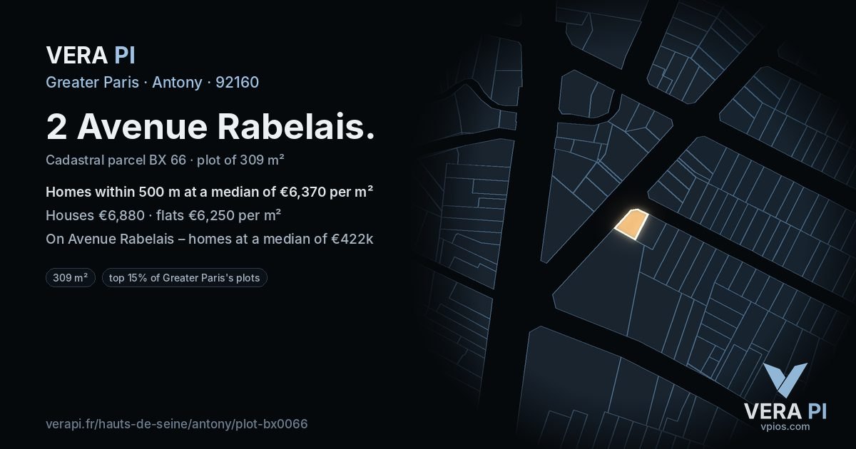 2 Avenue Rabelais, Antony at night – the plot lit, the parcels around coloured by the prices near them