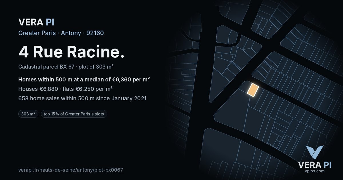 4 Rue Racine, Antony at night – the plot lit, the parcels around coloured by the prices near them