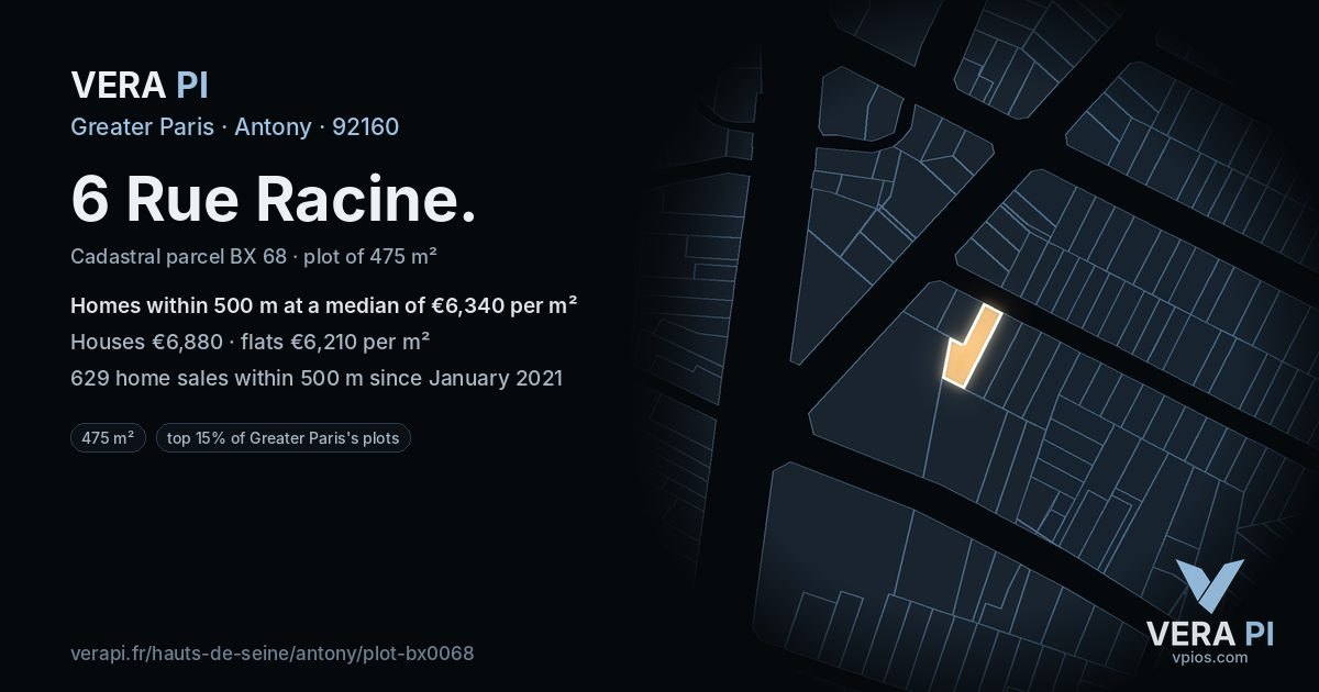 6 Rue Racine, Antony at night – the plot lit, the parcels around coloured by the prices near them
