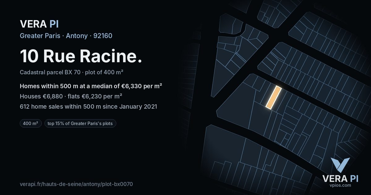 10 Rue Racine, Antony at night – the plot lit, the parcels around coloured by the prices near them