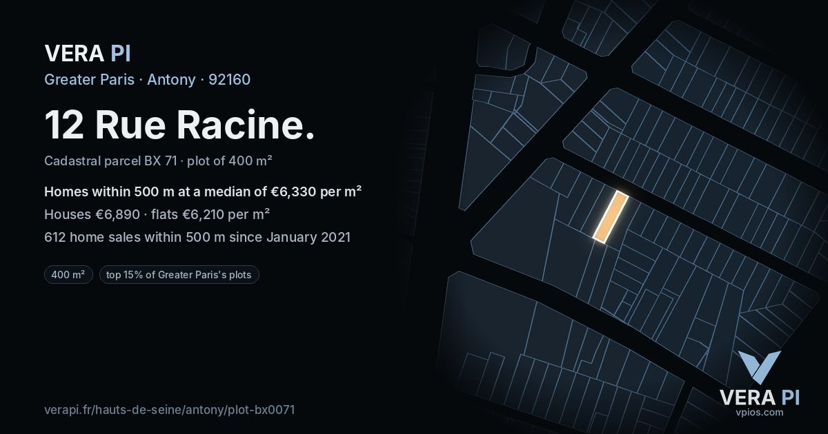 12 Rue Racine, Antony at night – the plot lit, the parcels around coloured by the prices near them