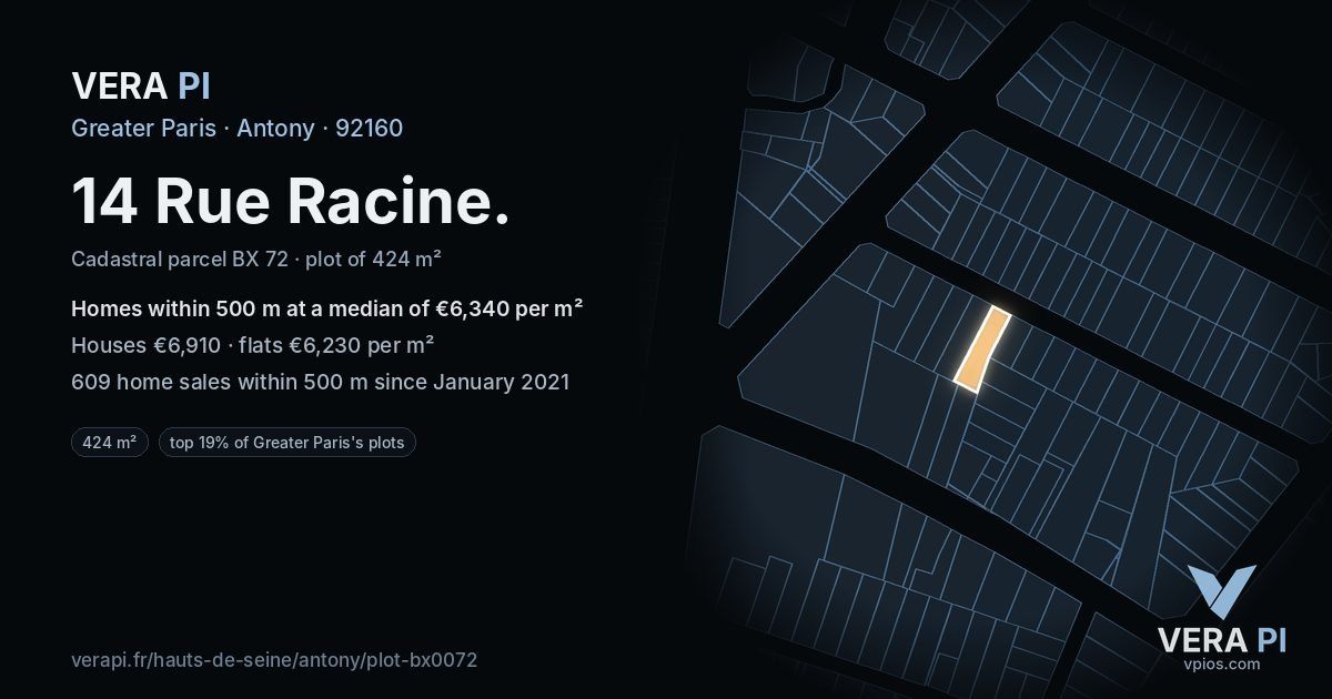 14 Rue Racine, Antony at night – the plot lit, the parcels around coloured by the prices near them