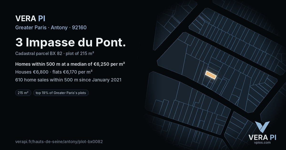 3 Impasse du Pont, Antony at night – the plot lit, the parcels around coloured by the prices near them