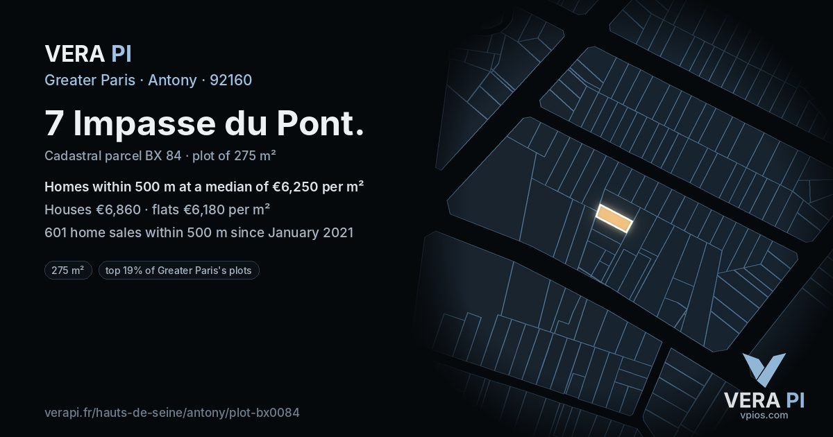 7 Impasse du Pont, Antony at night – the plot lit, the parcels around coloured by the prices near them