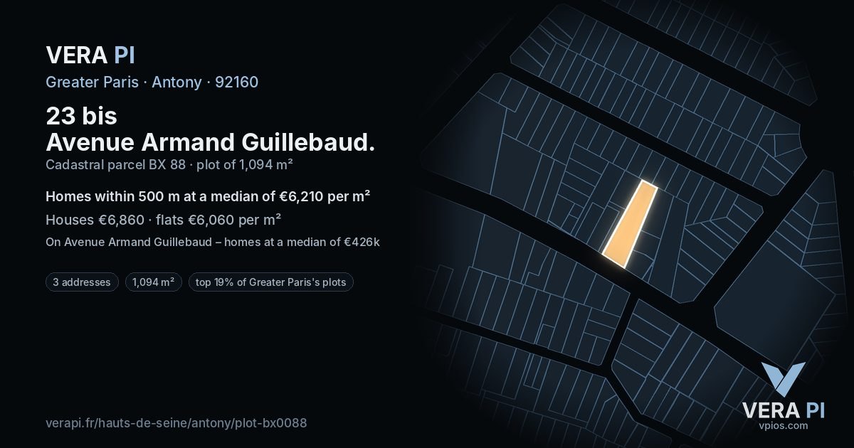 23 bis Avenue Armand Guillebaud, Antony at night – the plot lit, the parcels around coloured by the prices near them
