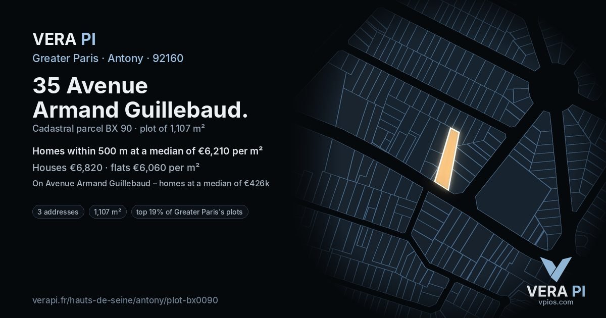 35 Avenue Armand Guillebaud, Antony at night – the plot lit, the parcels around coloured by the prices near them