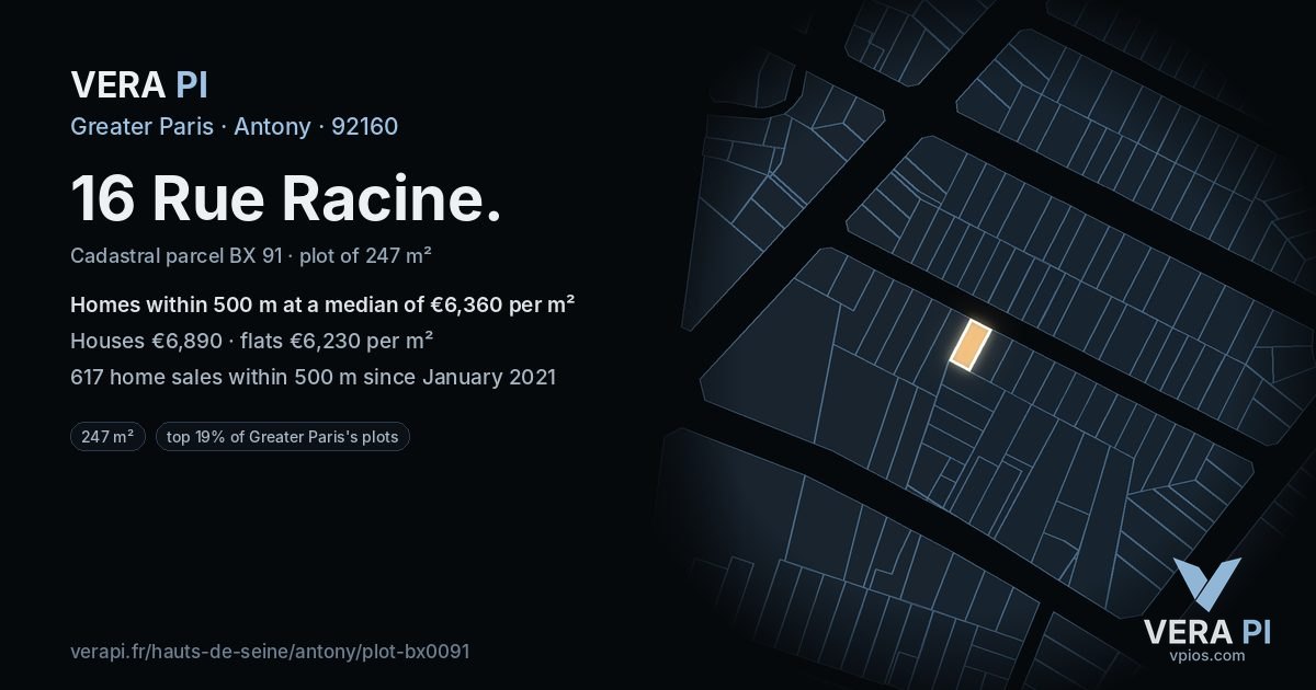 16 Rue Racine, Antony at night – the plot lit, the parcels around coloured by the prices near them