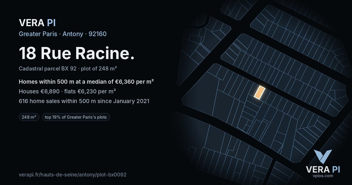 18 Rue Racine, Antony at night – the plot lit, the parcels around coloured by the prices near them