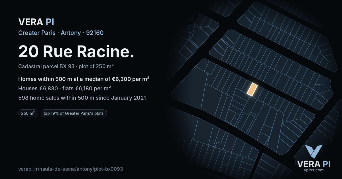 20 Rue Racine, Antony at night – the plot lit, the parcels around coloured by the prices near them