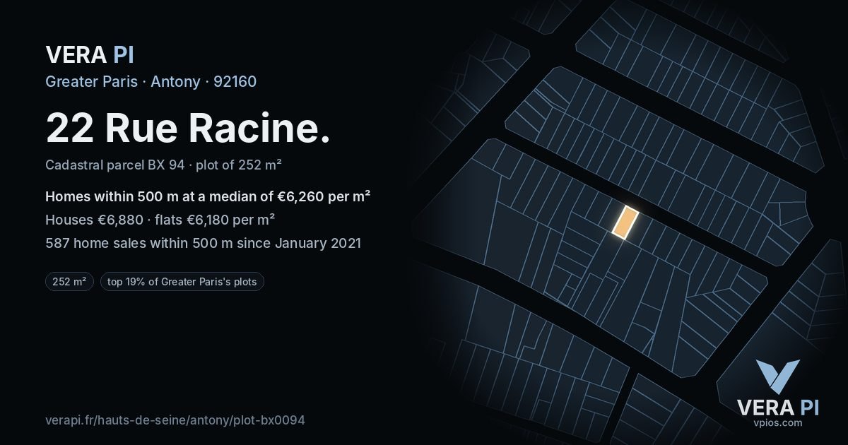 22 Rue Racine, Antony at night – the plot lit, the parcels around coloured by the prices near them