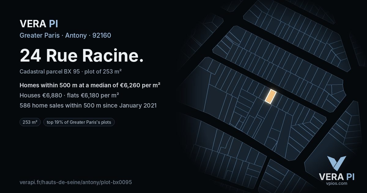 24 Rue Racine, Antony at night – the plot lit, the parcels around coloured by the prices near them