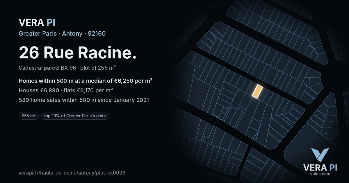 26 Rue Racine, Antony at night – the plot lit, the parcels around coloured by the prices near them