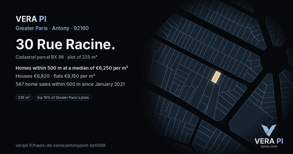 30 Rue Racine, Antony at night – the plot lit, the parcels around coloured by the prices near them