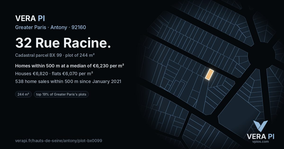 32 Rue Racine, Antony at night – the plot lit, the parcels around coloured by the prices near them