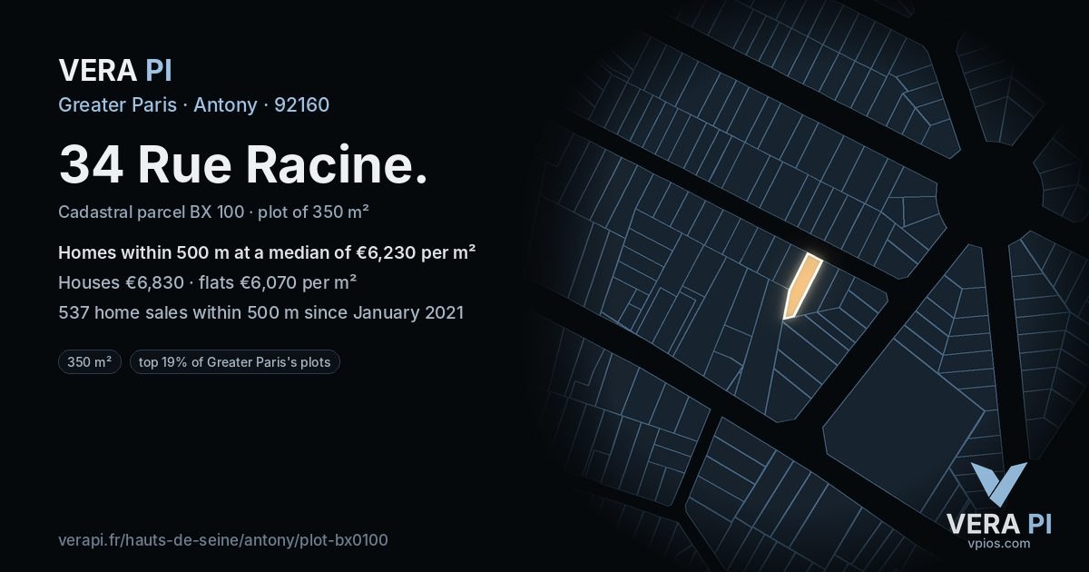 34 Rue Racine, Antony at night – the plot lit, the parcels around coloured by the prices near them