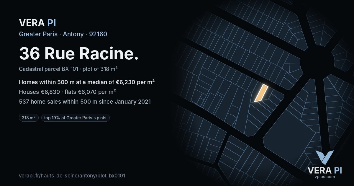 36 Rue Racine, Antony at night – the plot lit, the parcels around coloured by the prices near them