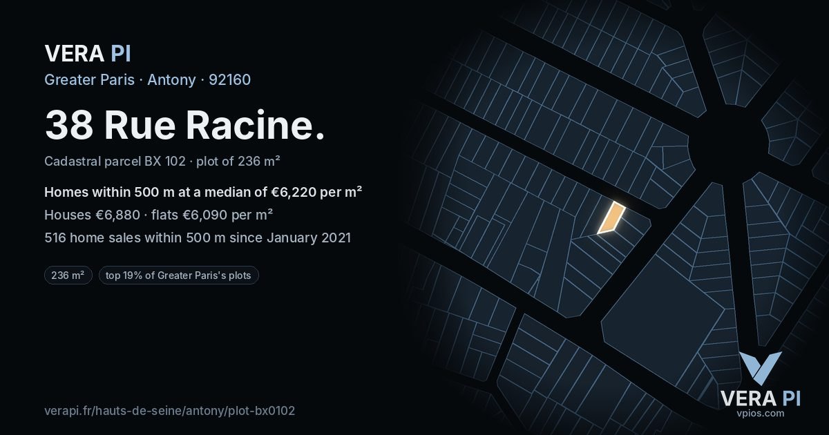 38 Rue Racine, Antony at night – the plot lit, the parcels around coloured by the prices near them