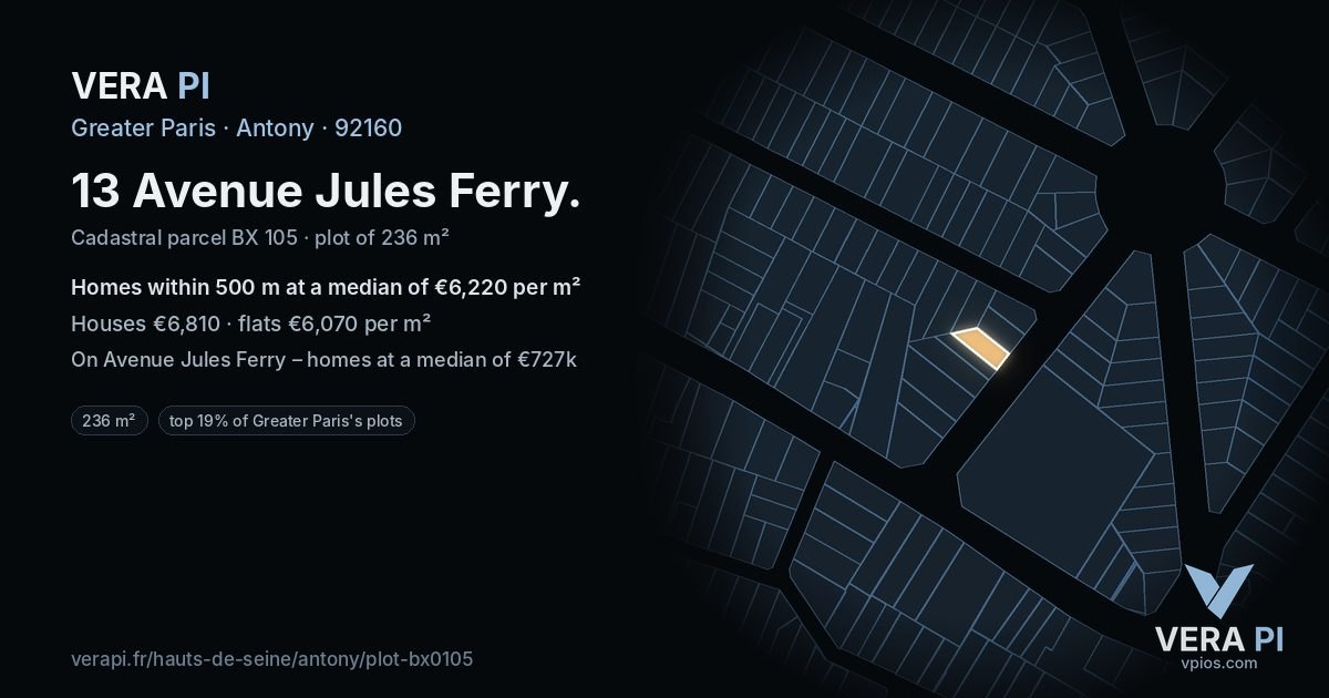 13 Avenue Jules Ferry, Antony at night – the plot lit, the parcels around coloured by the prices near them