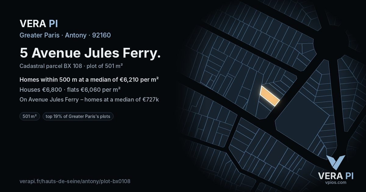 5 Avenue Jules Ferry, Antony at night – the plot lit, the parcels around coloured by the prices near them