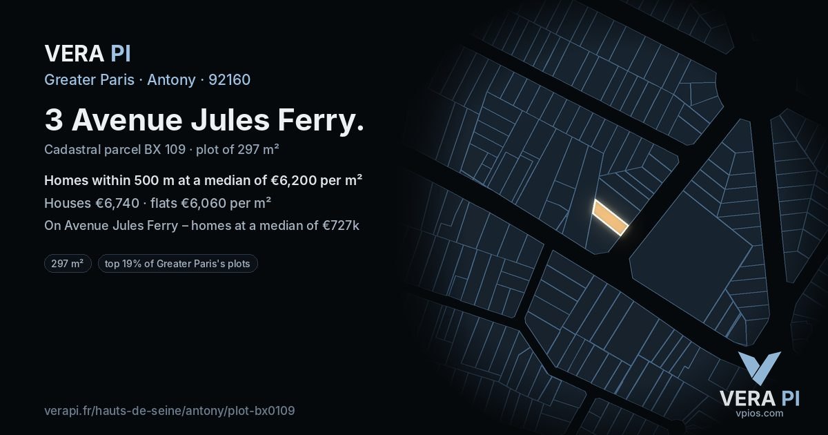 3 Avenue Jules Ferry, Antony at night – the plot lit, the parcels around coloured by the prices near them