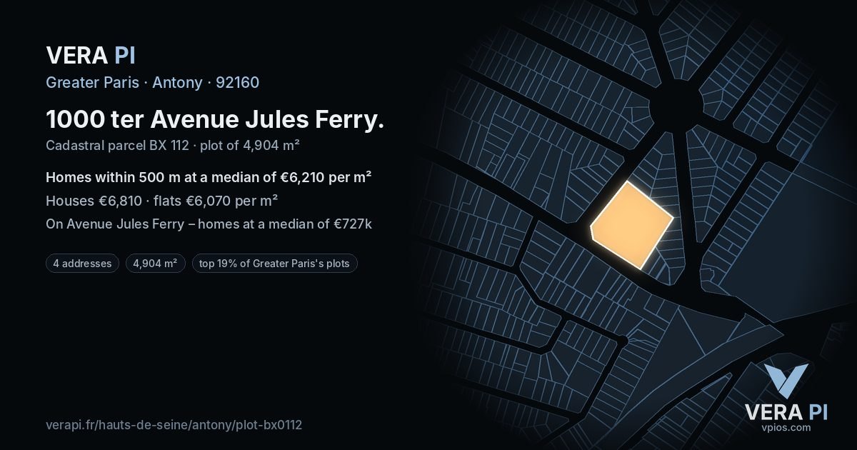 1000 ter Avenue Jules Ferry, Antony at night – the plot lit, the parcels around coloured by the prices near them