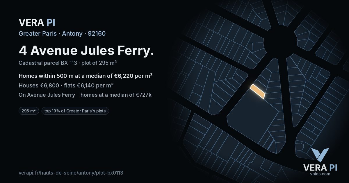 4 Avenue Jules Ferry, Antony at night – the plot lit, the parcels around coloured by the prices near them