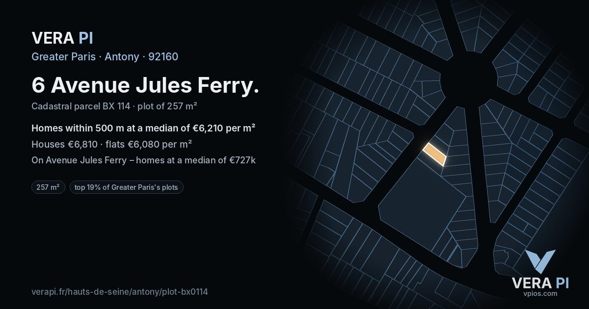 6 Avenue Jules Ferry, Antony at night – the plot lit, the parcels around coloured by the prices near them