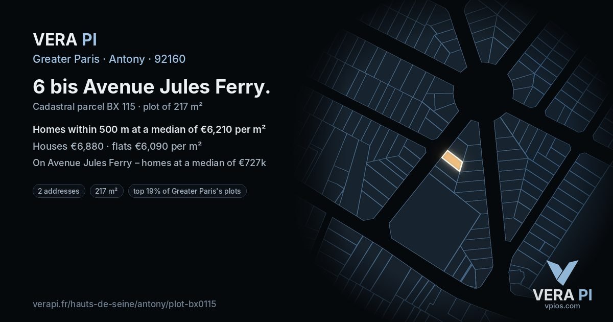 6 bis Avenue Jules Ferry, Antony at night – the plot lit, the parcels around coloured by the prices near them