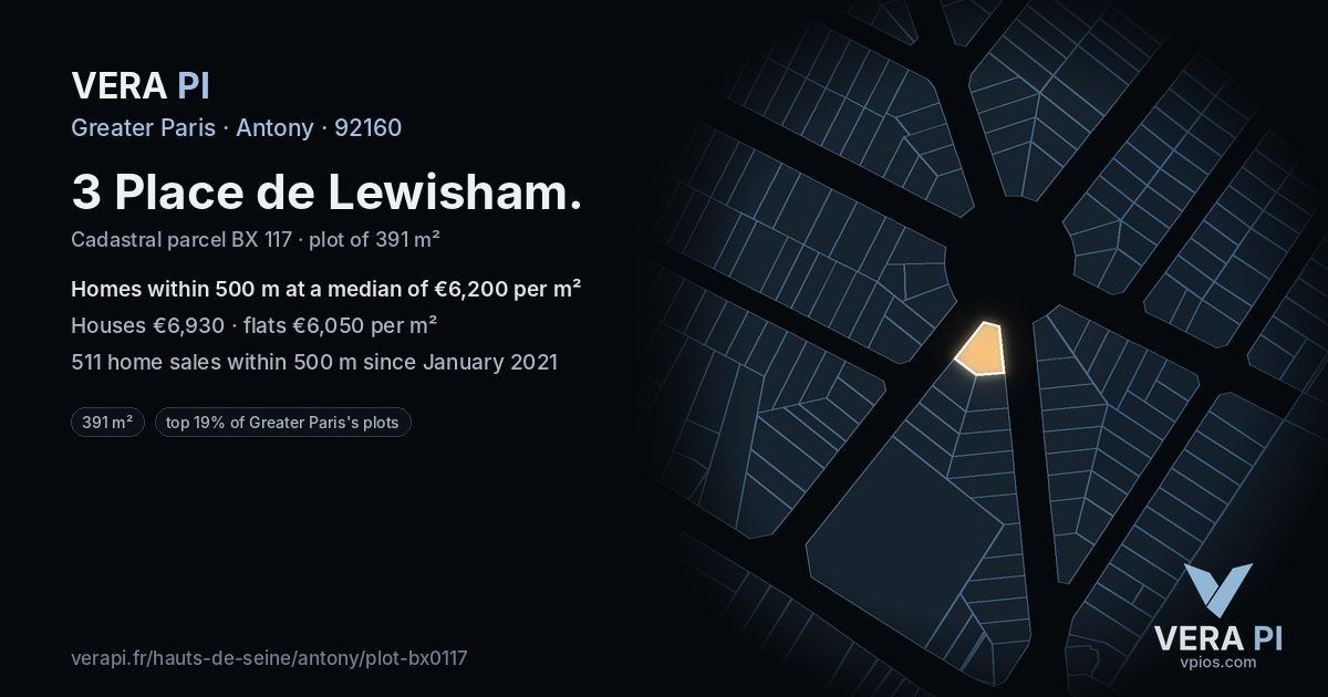 3 Place de Lewisham, Antony at night – the plot lit, the parcels around coloured by the prices near them