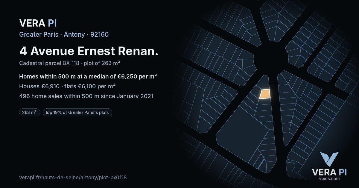4 Avenue Ernest Renan, Antony at night – the plot lit, the parcels around coloured by the prices near them