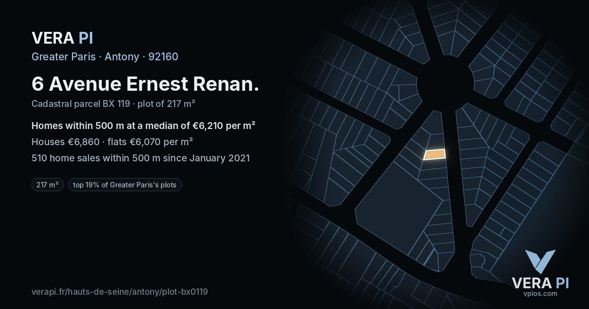 6 Avenue Ernest Renan, Antony at night – the plot lit, the parcels around coloured by the prices near them