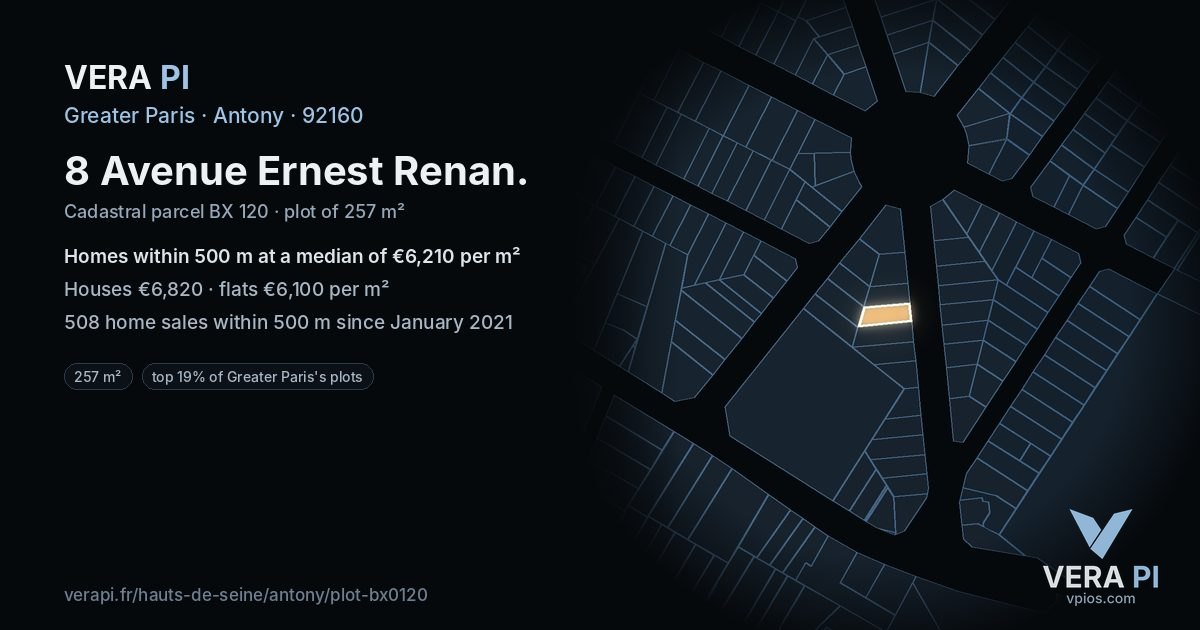 8 Avenue Ernest Renan, Antony at night – the plot lit, the parcels around coloured by the prices near them