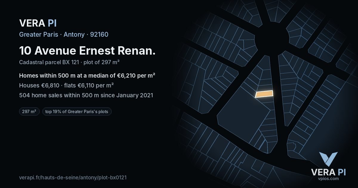 10 Avenue Ernest Renan, Antony at night – the plot lit, the parcels around coloured by the prices near them
