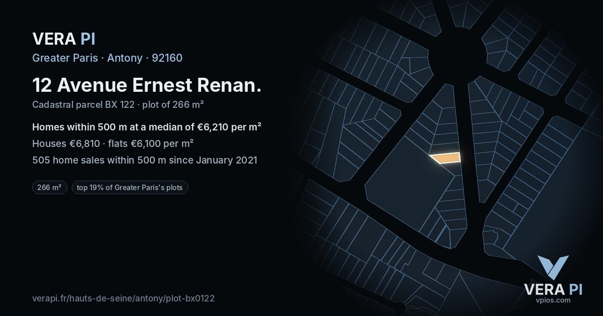 12 Avenue Ernest Renan, Antony at night – the plot lit, the parcels around coloured by the prices near them