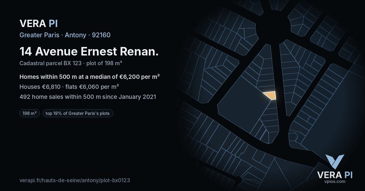 14 Avenue Ernest Renan, Antony at night – the plot lit, the parcels around coloured by the prices near them