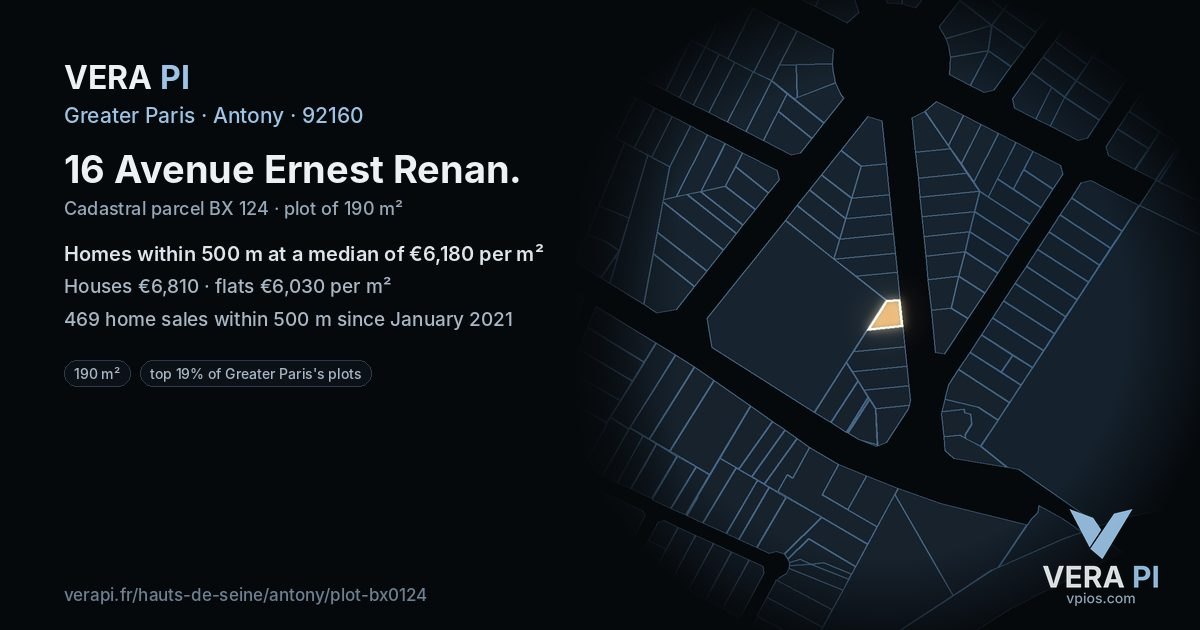 16 Avenue Ernest Renan, Antony at night – the plot lit, the parcels around coloured by the prices near them