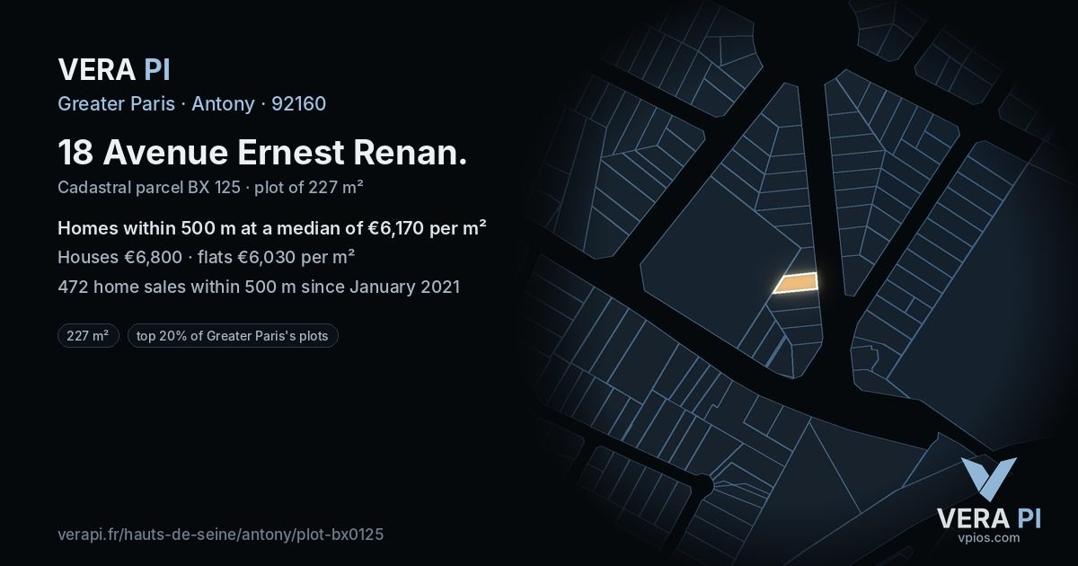 18 Avenue Ernest Renan, Antony at night – the plot lit, the parcels around coloured by the prices near them