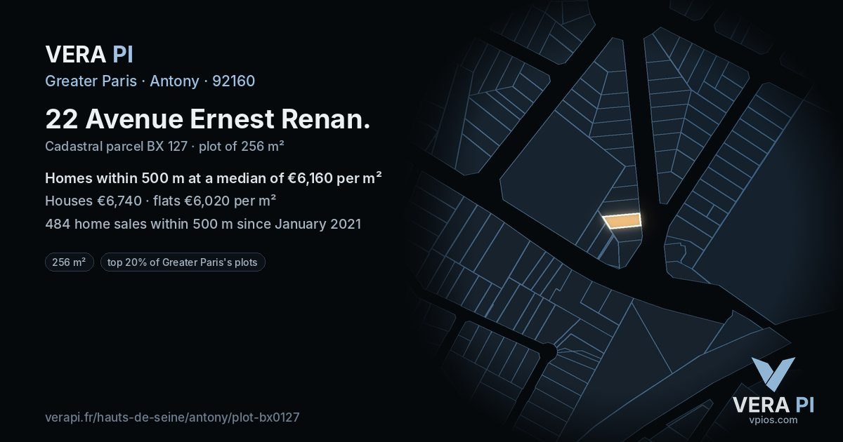 22 Avenue Ernest Renan, Antony at night – the plot lit, the parcels around coloured by the prices near them