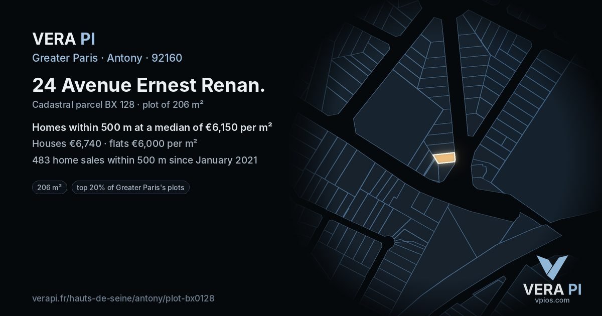 24 Avenue Ernest Renan, Antony at night – the plot lit, the parcels around coloured by the prices near them