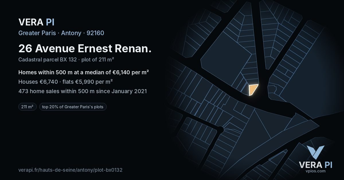 26 Avenue Ernest Renan, Antony at night – the plot lit, the parcels around coloured by the prices near them