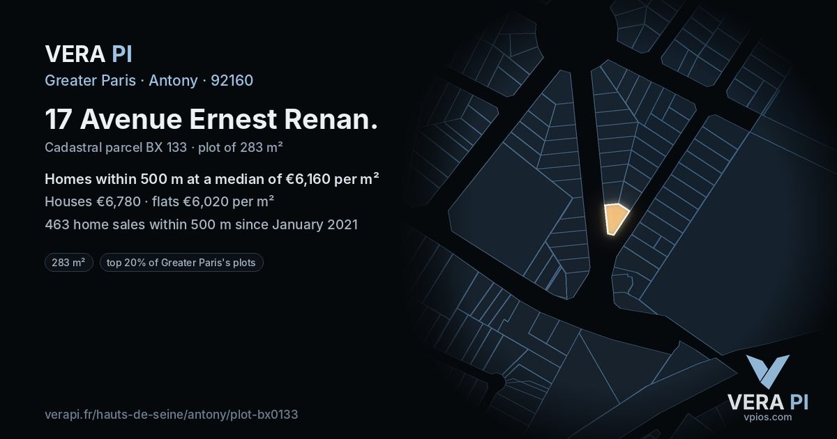 17 Avenue Ernest Renan, Antony at night – the plot lit, the parcels around coloured by the prices near them
