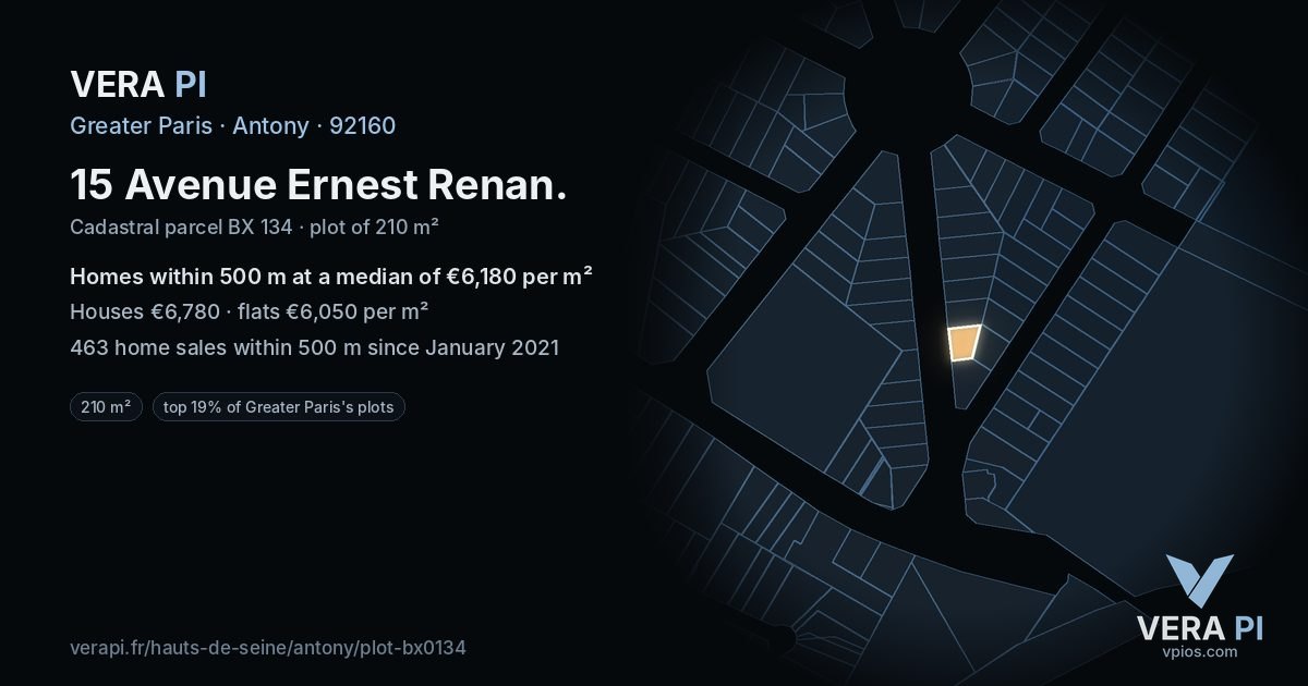 15 Avenue Ernest Renan, Antony at night – the plot lit, the parcels around coloured by the prices near them