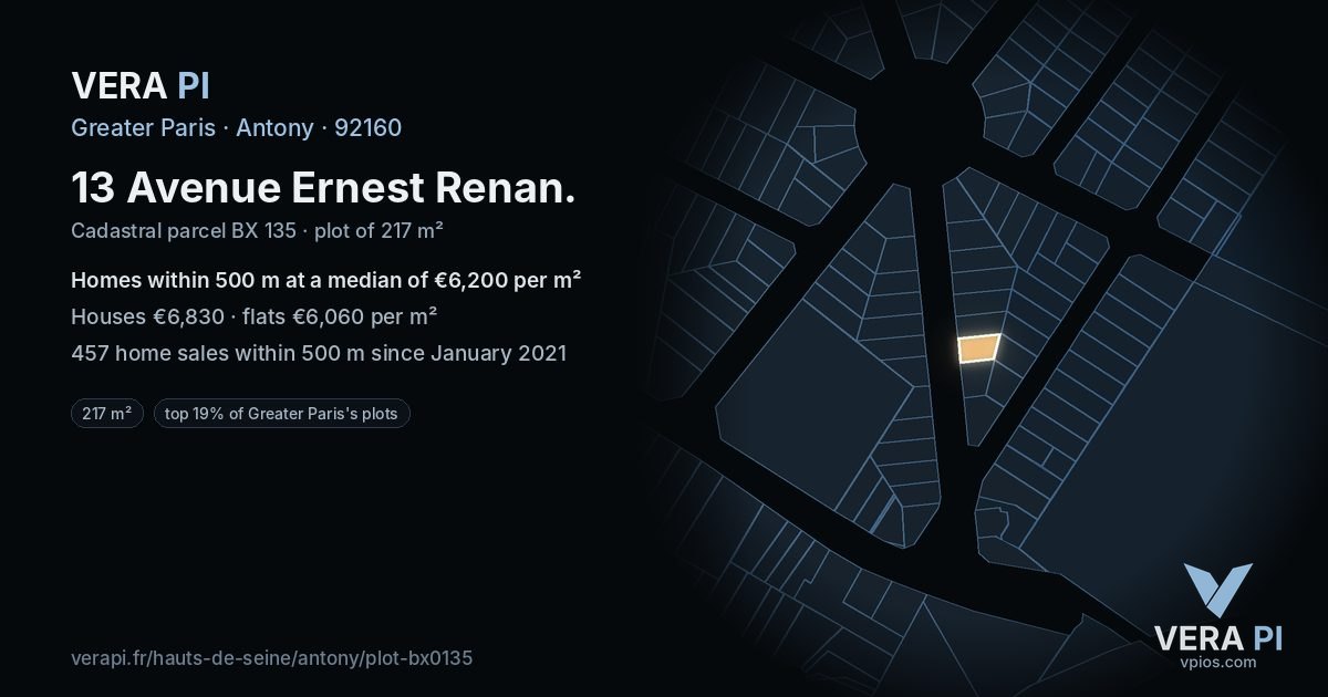 13 Avenue Ernest Renan, Antony at night – the plot lit, the parcels around coloured by the prices near them