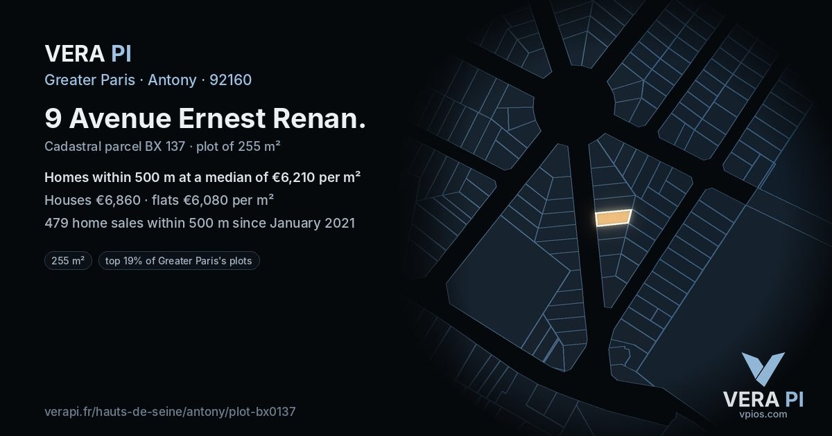 9 Avenue Ernest Renan, Antony at night – the plot lit, the parcels around coloured by the prices near them
